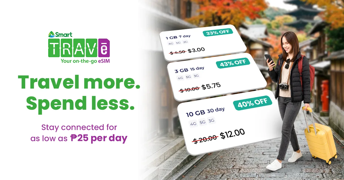 Smart Travē eSIM travel data packs starting at PhP25 per day in the Smart Travē app