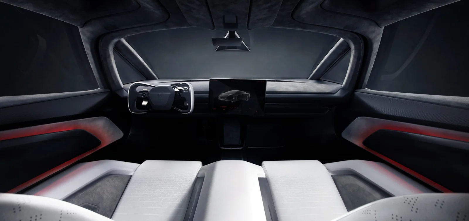 The Tesla Roadster interior with a yoke steering wheel and center touchscreen