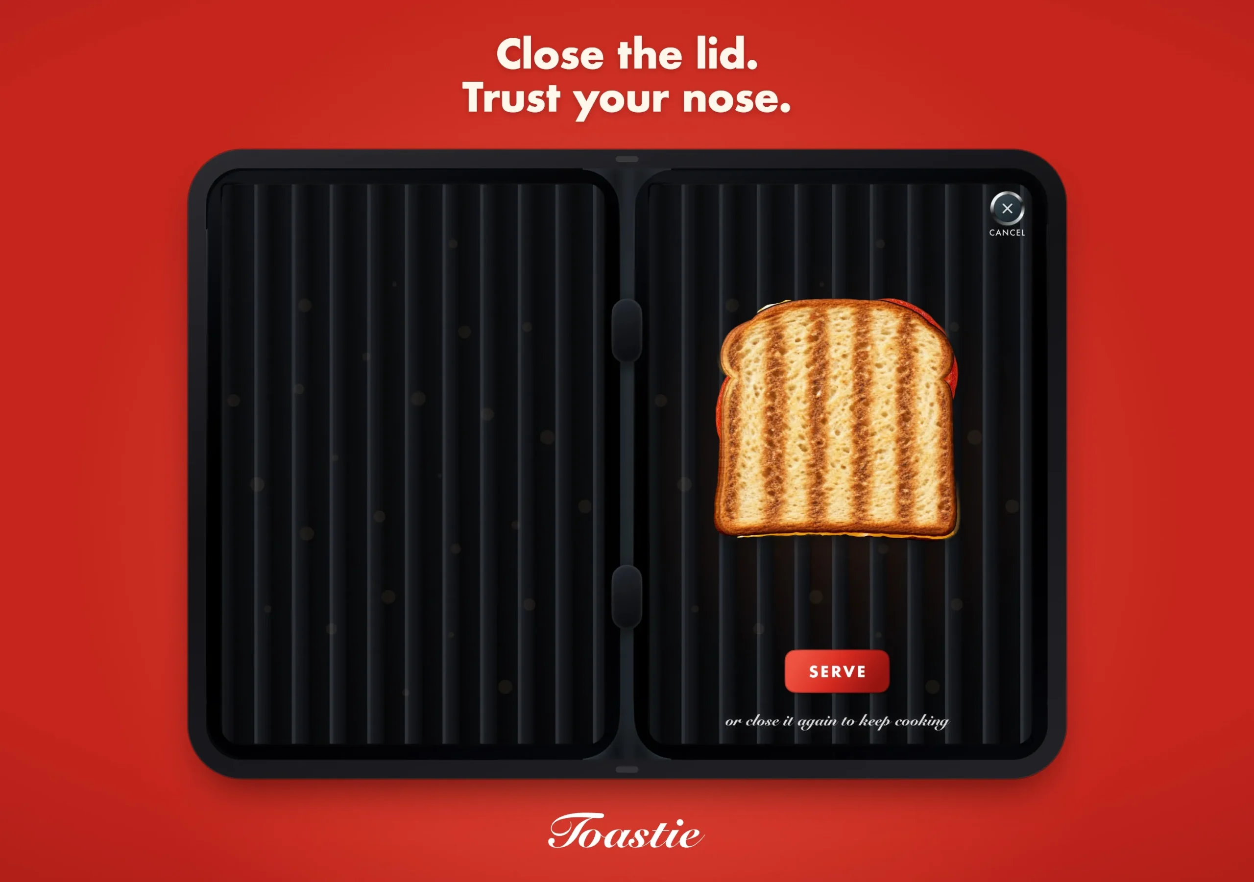 Toastie for iPhone Duo grill screen with a toasted sandwich ready to be served