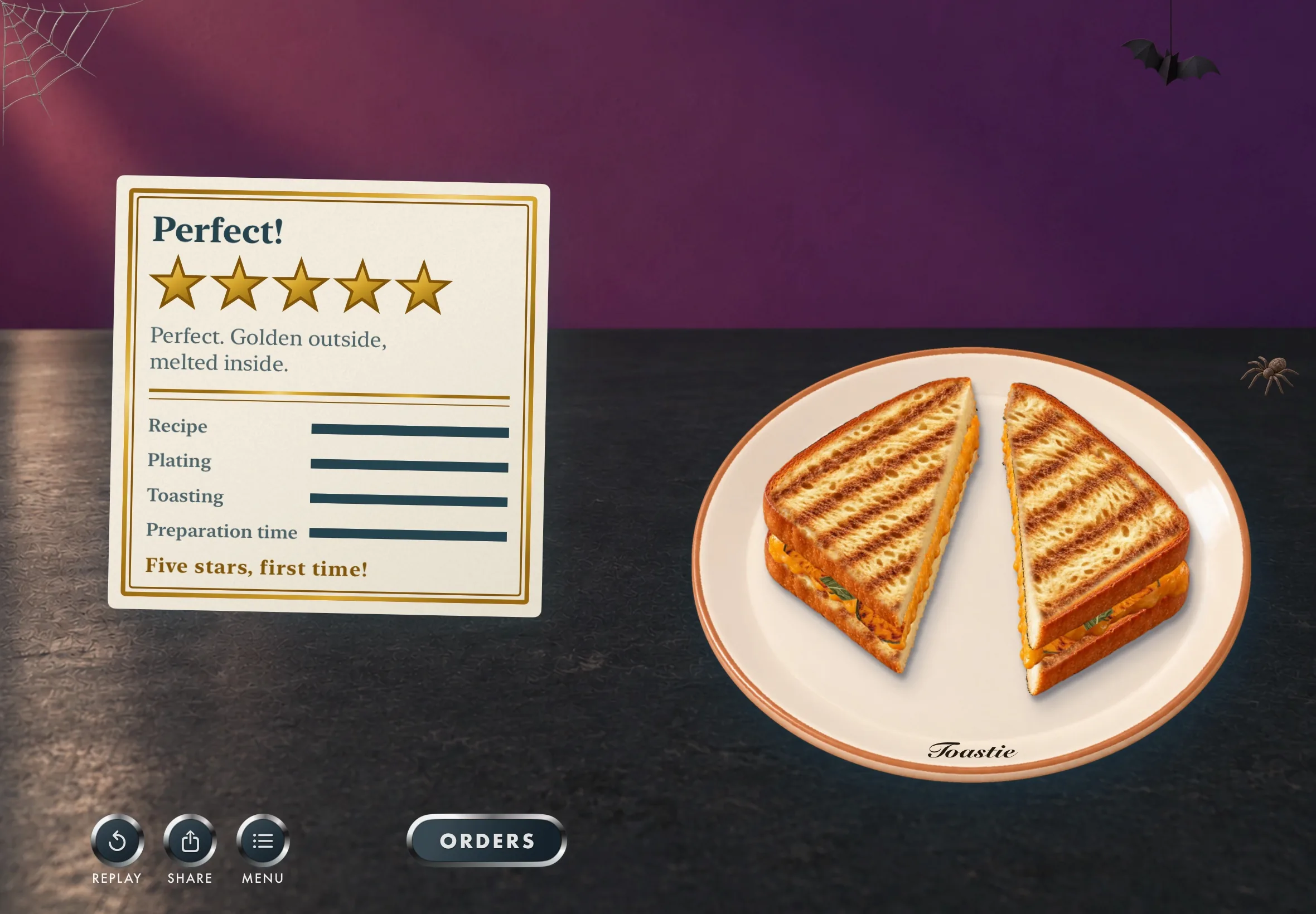 Toastie for iPhone Duo Halloween Special serve screen with a five-star Pumpkin Spell toastie