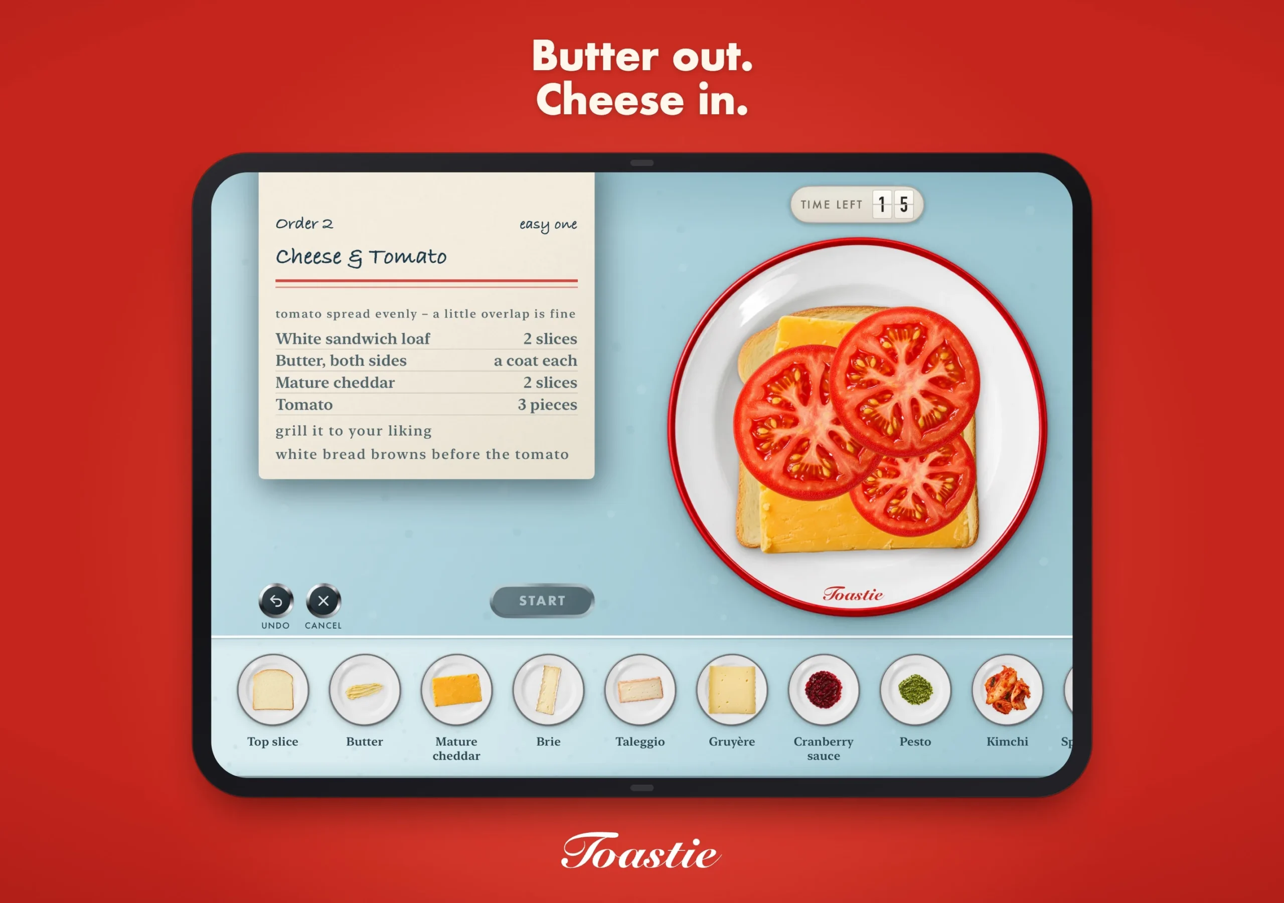 Toastie for iPhone Duo order screen with a recipe card, countdown timer and ingredient plates