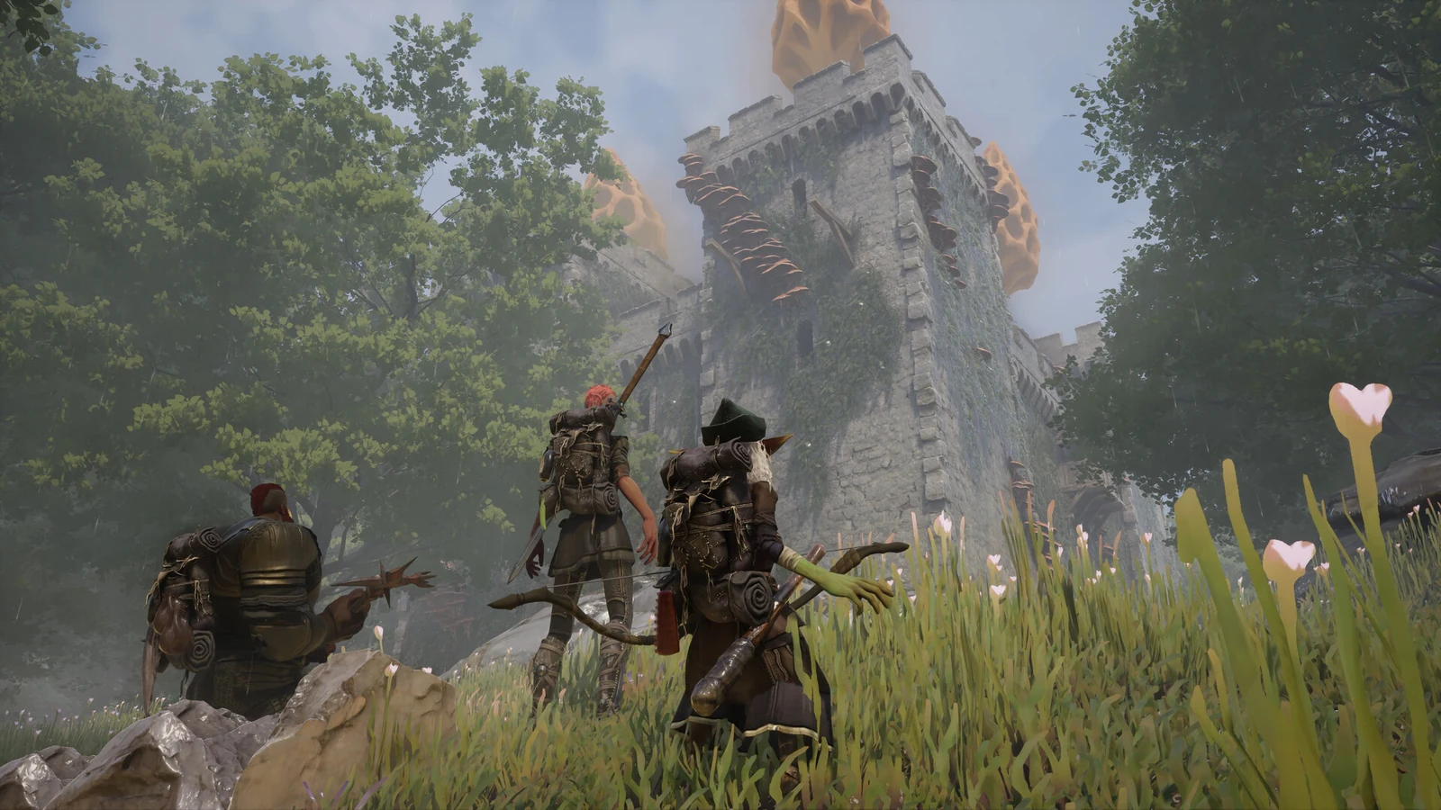 A party of adventurers approaching a stone ruin in the Wyldheart demo, the co-op fantasy RPG from Wayfinder Studios