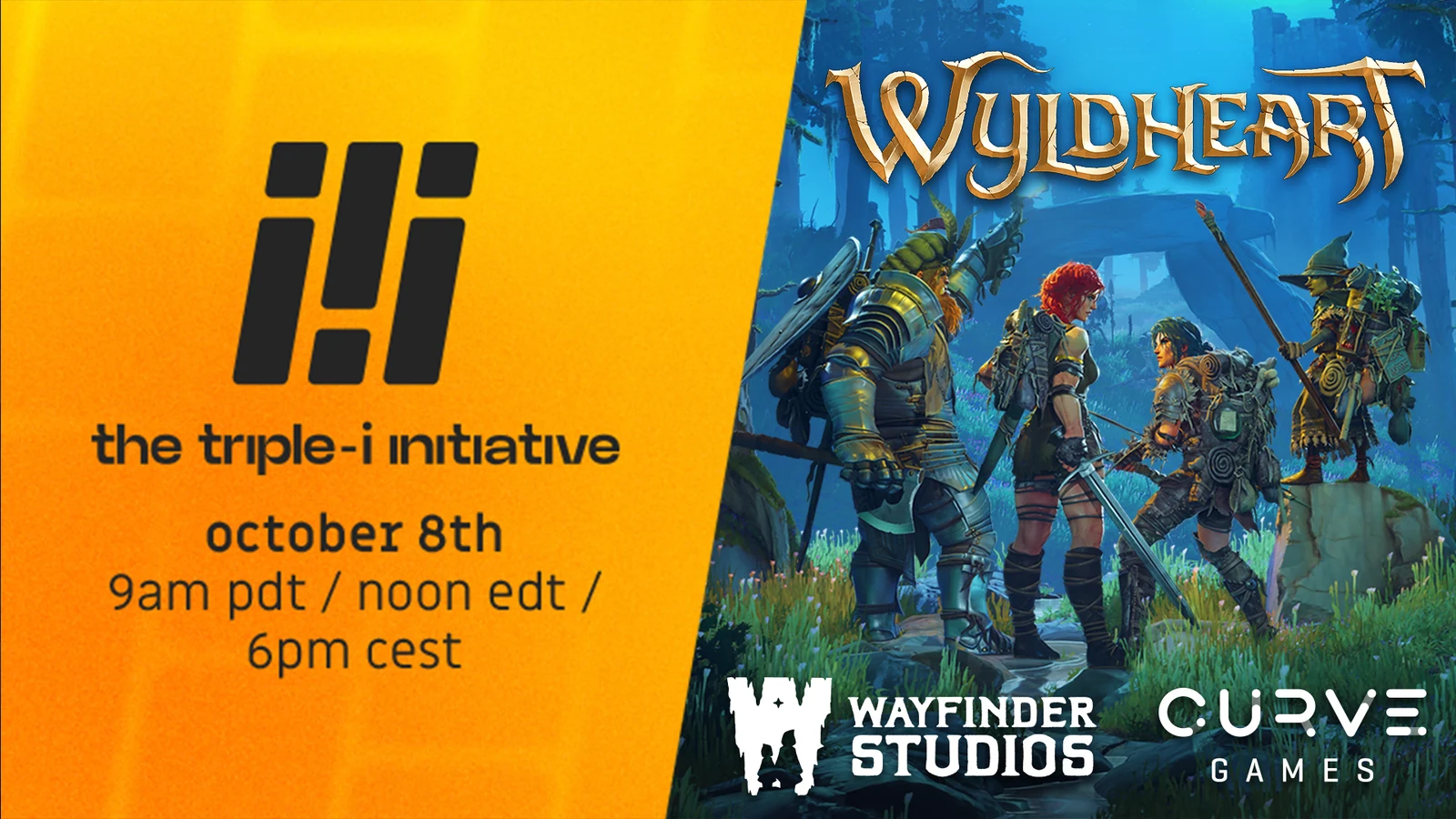The Triple-i Initiative showcase spot for the Wyldheart demo, carrying the Wayfinder Studios and Curve Games logos
